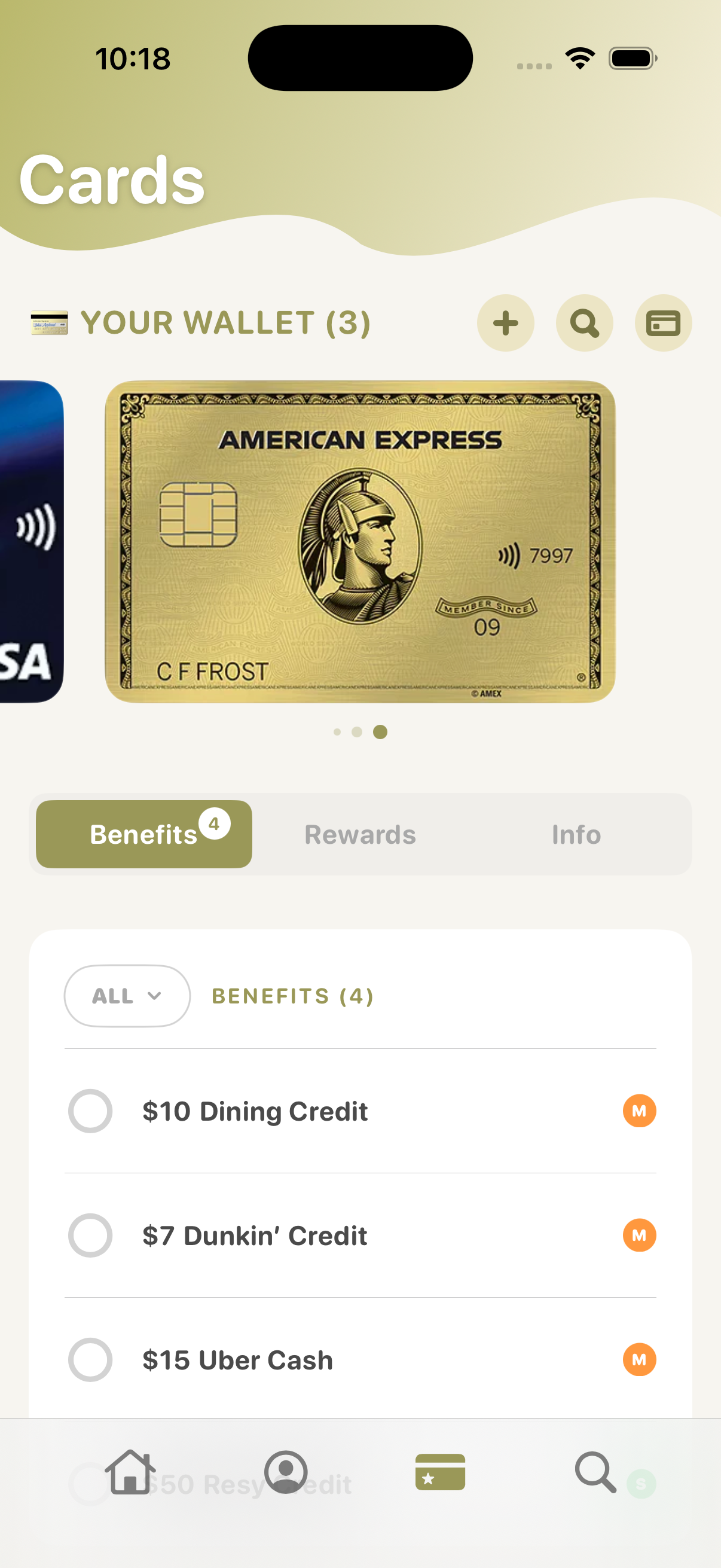 Chur cards screen – card benefits